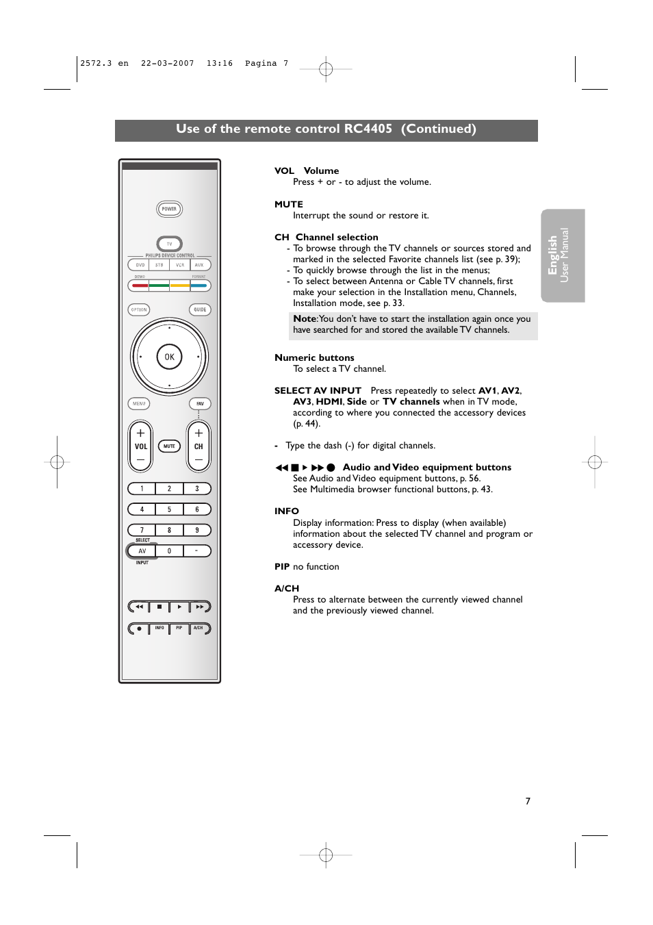 Use of the remote control rc4405 (continued), English, User man ual | Philips 63PF9631D-37B User Manual | Page 9 / 70