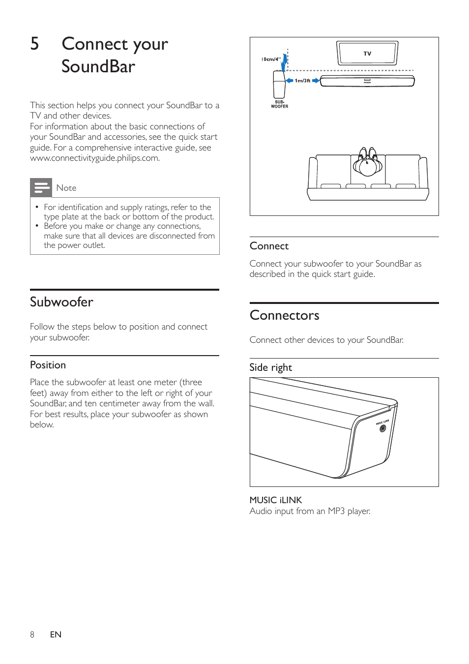 4 your soundbar, Main unit, Remote control | 5 connect your soundbar, Subwoofer, Connectors | Philips CSS2123B-F7 User Manual | Page 10 / 17