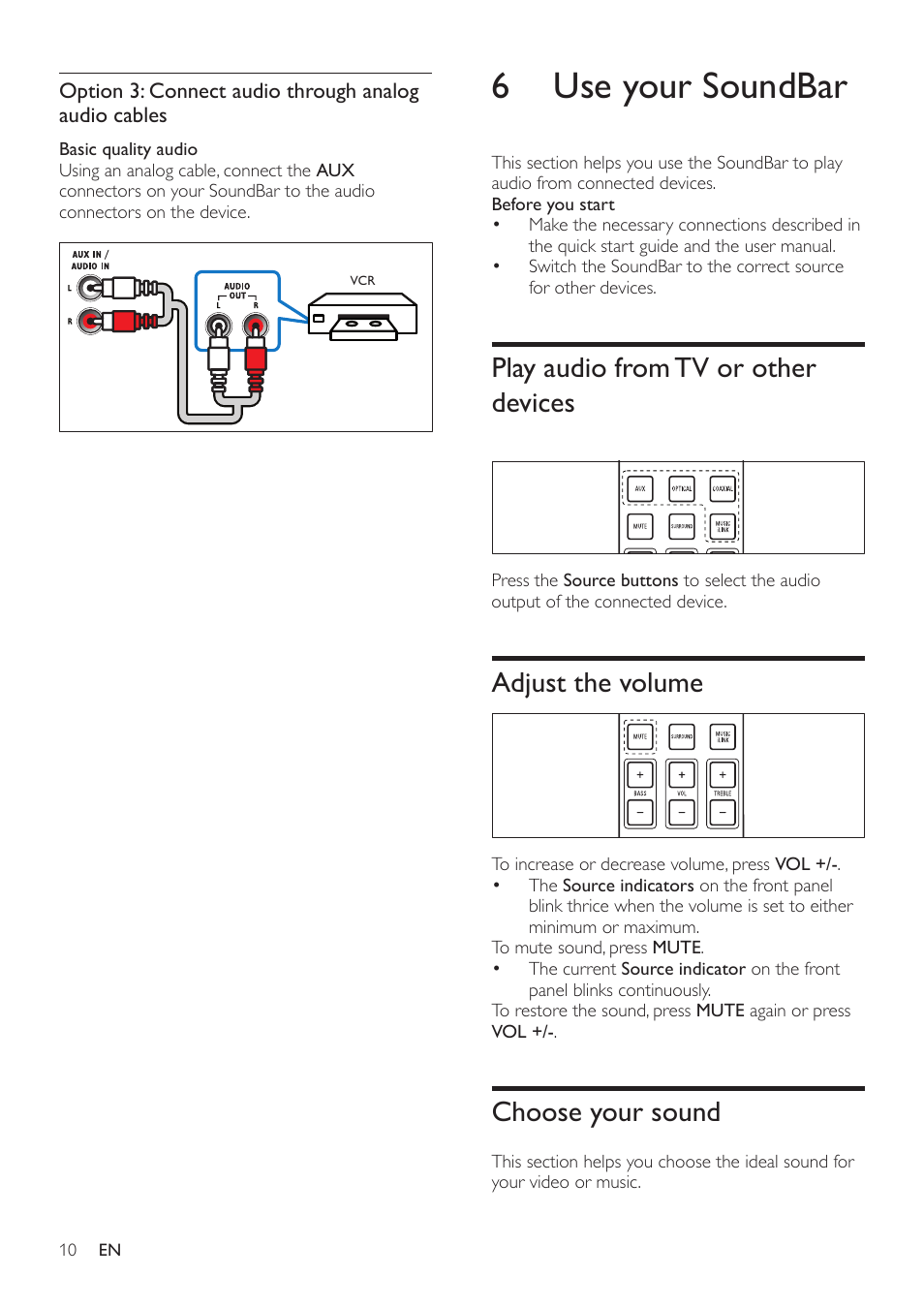 5 connect your soundbar, Subwoofer, Position | Connect, Connectors, Side right, 6 use your soundbar, Play audio from tv or other devices, Adjust the volume, Choose your sound | Philips CSS2123B-F7 User Manual | Page 12 / 17