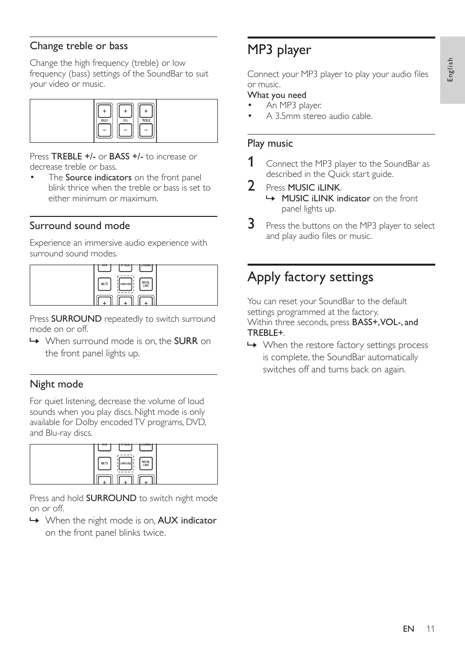 Rear left, Rear right, Connect audio from tv and other devices | Mp3 player, Apply factory settings | Philips CSS2123B-F7 User Manual | Page 13 / 17