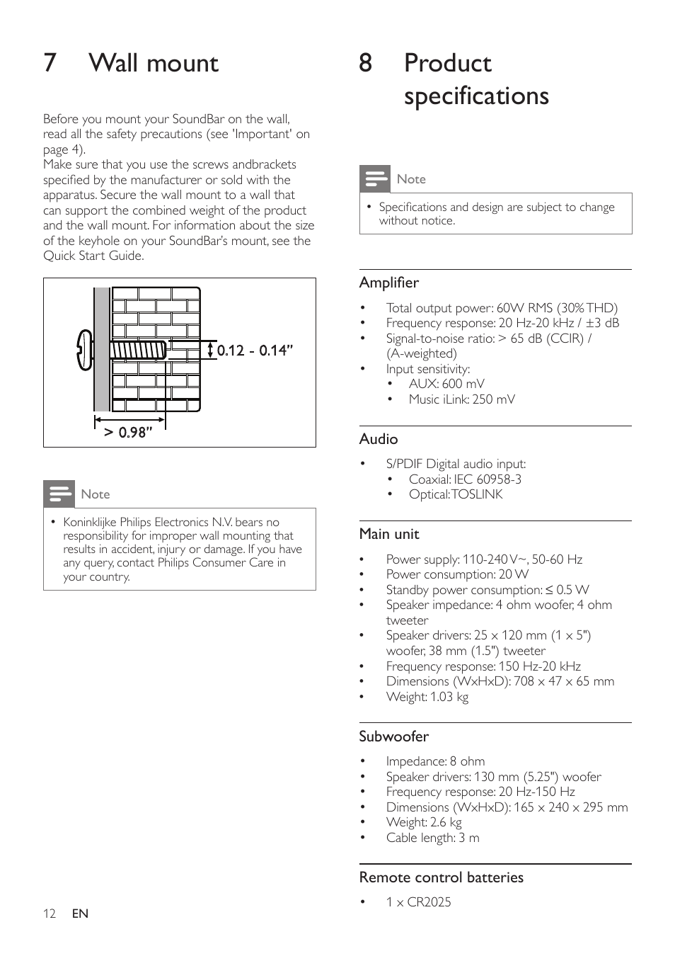 7 wall mount, 8 product specifications | Philips CSS2123B-F7 User Manual | Page 14 / 17