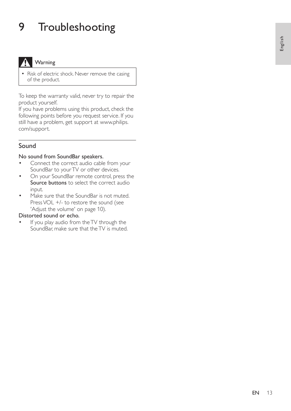 6 use your soundbar, Play audio from tv or other devices, Adjust the volume | Choose your sound, Change treble or bass, Surround sound mode, Night mode, 9 troubleshooting | Philips CSS2123B-F7 User Manual | Page 15 / 17