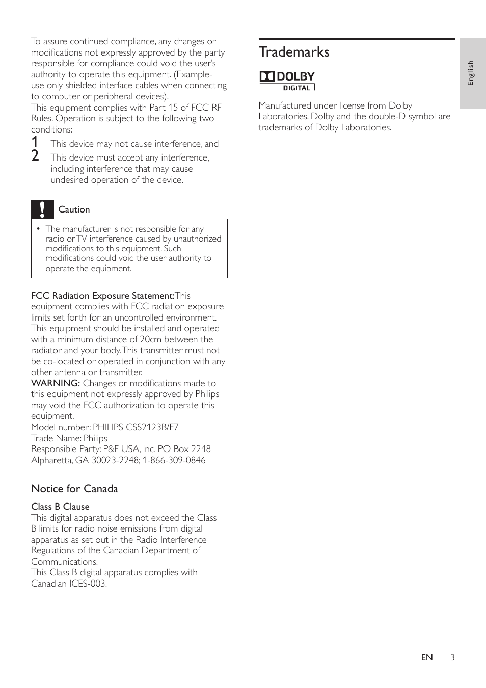 2 notice, Copyright, Compliance | Notice for canada, Trademarks | Philips CSS2123B-F7 User Manual | Page 5 / 17