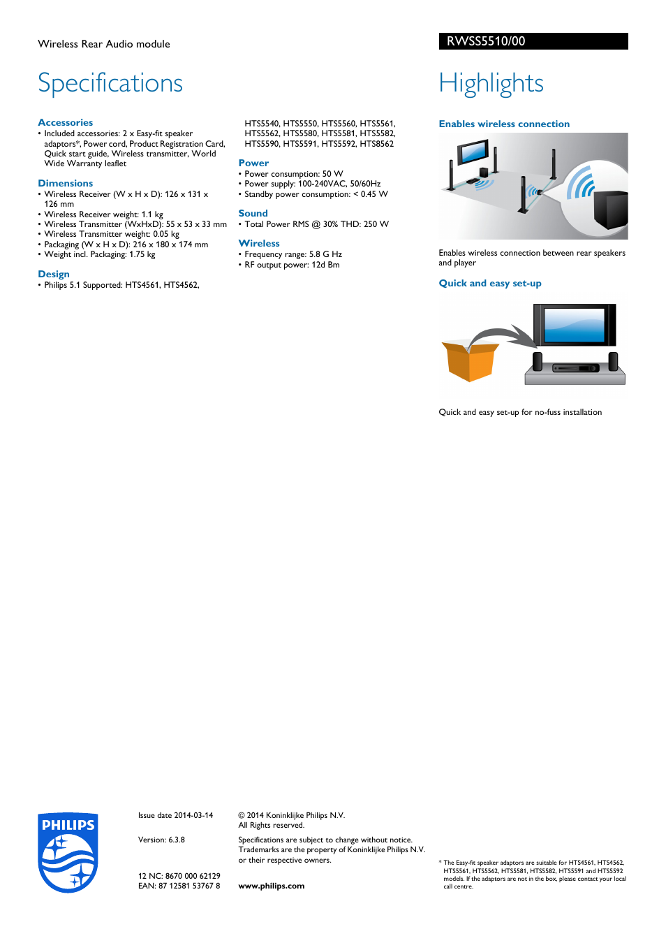 Specifications, Highlights | Philips RWSS5510-00 User Manual | Page 2 / 2