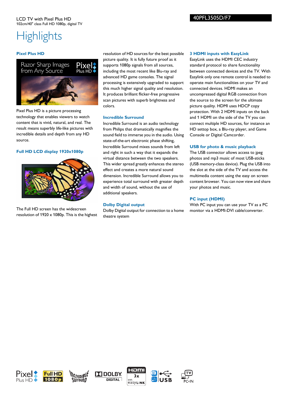 Highlights | Philips 40PFL3505D-F7 User Manual | Page 2 / 3
