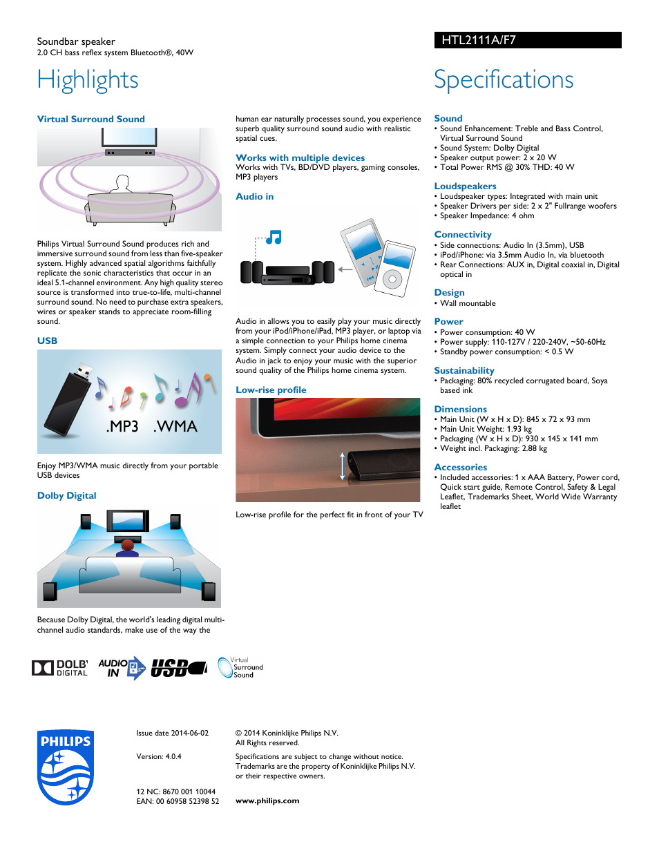 Highlights, Specifications | Philips HTL2111A-F7 User Manual | Page 2 / 2