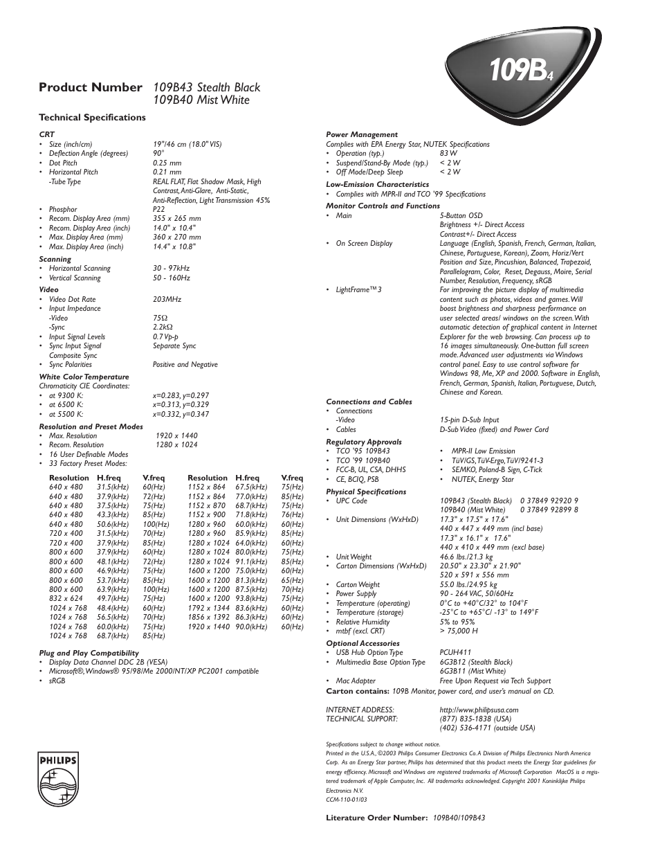 109b | Philips 109B4074 User Manual | Page 2 / 2