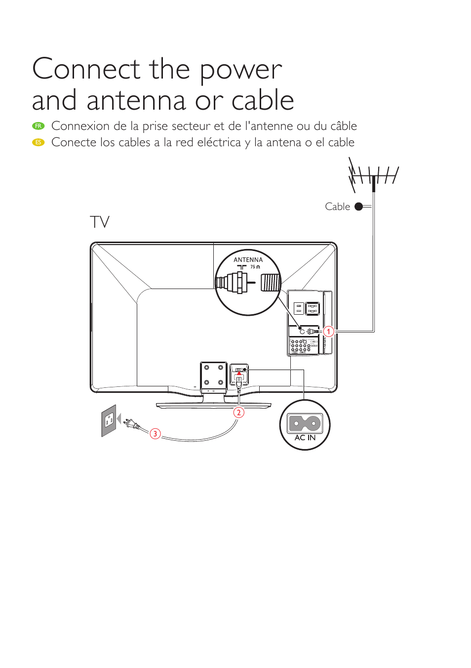 Connect the power and antenna or cable | Philips 46PFL3705D-F7 User Manual | Page 7 / 8