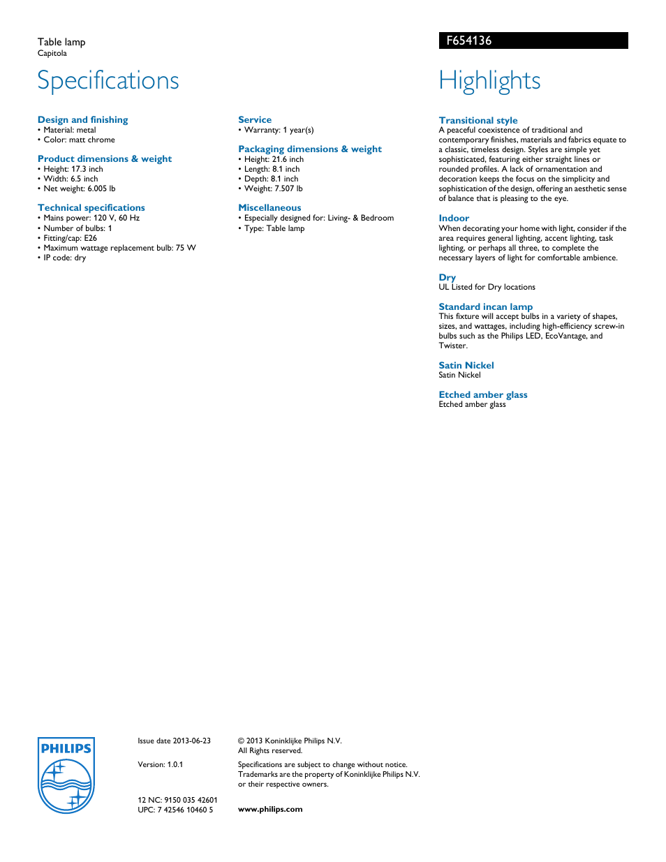 Specifications, Highlights | Philips F654136 User Manual | Page 2 / 2