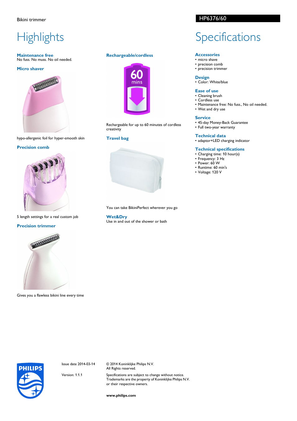 Highlights, Specifications | Philips HP6376-60 User Manual | Page 2 / 2