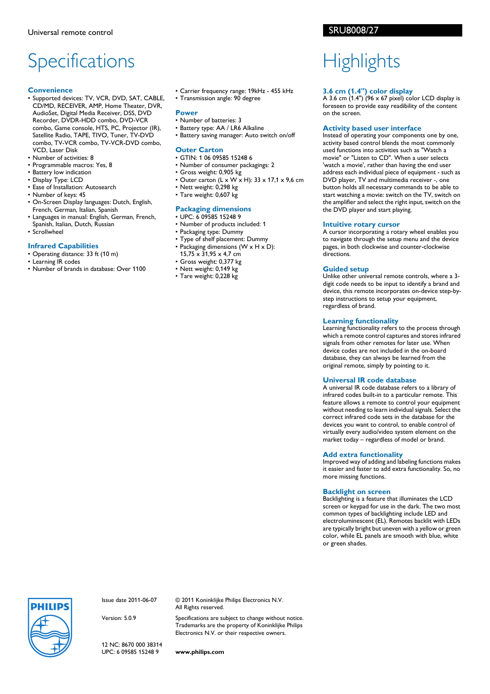 Specifications, Highlights | Philips SRU8008-27 User Manual | Page 2 / 2