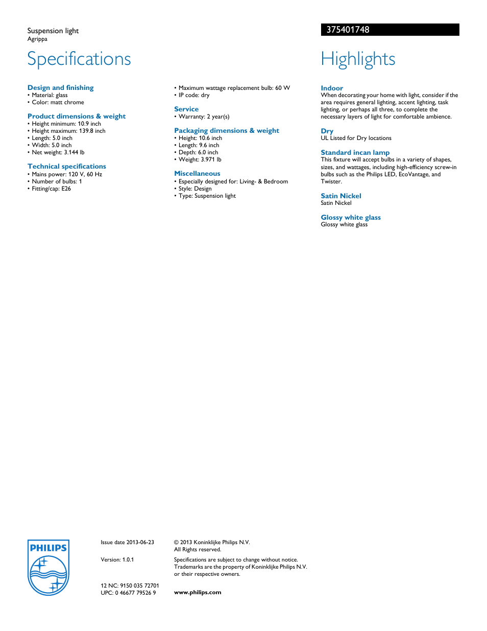 Specifications, Highlights | Philips 375401748 User Manual | Page 2 / 2