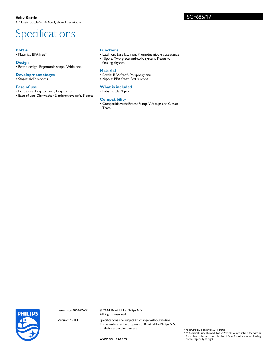 Specifications | Philips SCF685-17 User Manual | Page 3 / 3