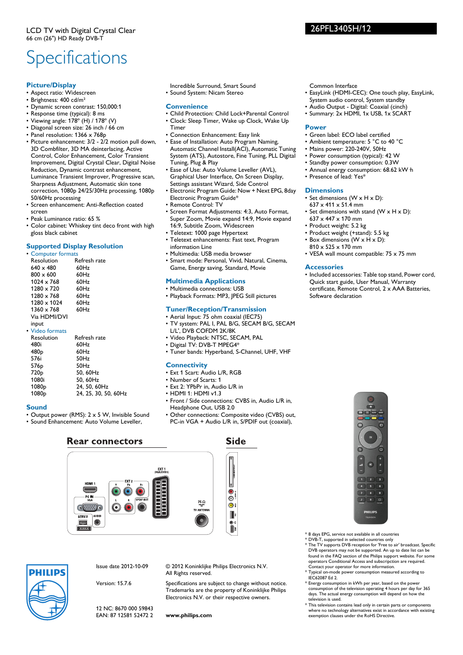 Specifications | Philips 26PFL3405H-12 User Manual | Page 3 / 3