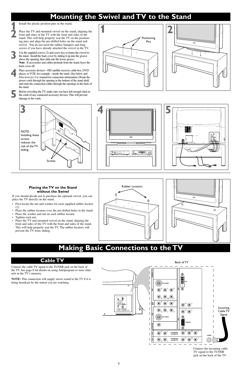 Making basic connections to the tv, Mounting the swivel and tv to the stand, Cable tv | Philips 55PL9524-37 User Manual | Page 3 / 8