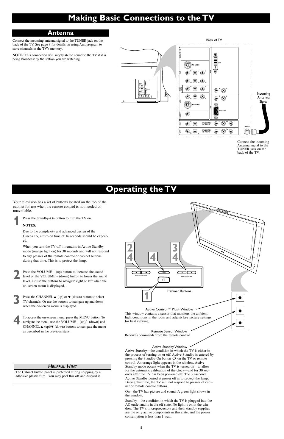 Making basic connections to the tv, Operating the tv, Antenna | Philips 55PL9524-37 User Manual | Page 5 / 8