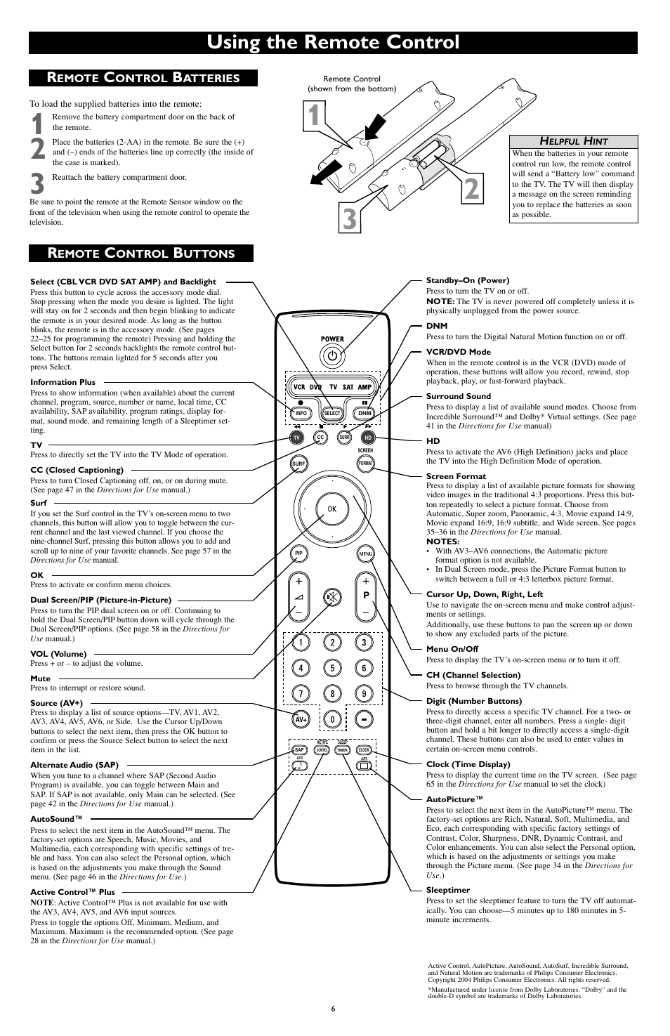 Using the remote control | Philips 55PL9524-37 User Manual | Page 6 / 8