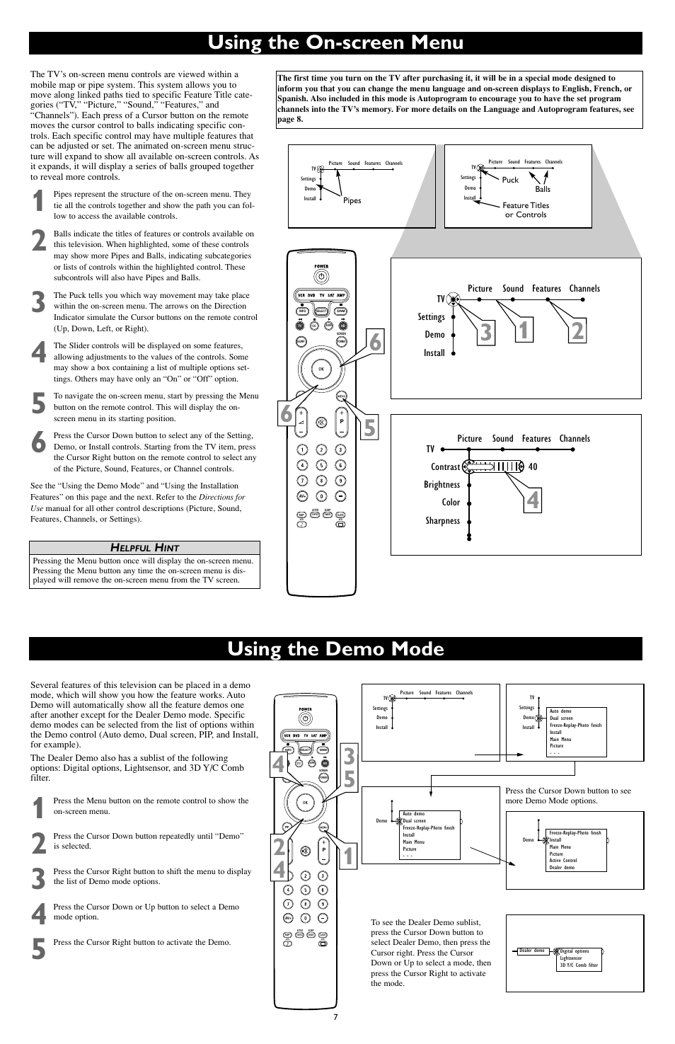 Using the on-screen menu, Using the demo mode | Philips 55PL9524-37 User Manual | Page 7 / 8