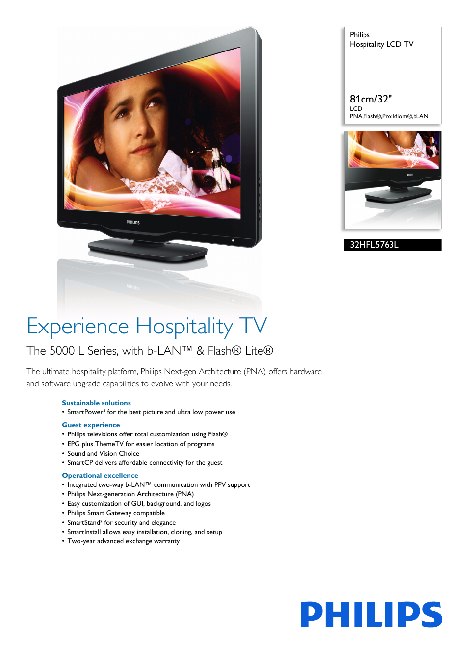 Philips Hospitality LCD TV 32HFL5763L 81cm-32" LCD PNAFlash®ProIdiom®bLAN User Manual | 3 pages