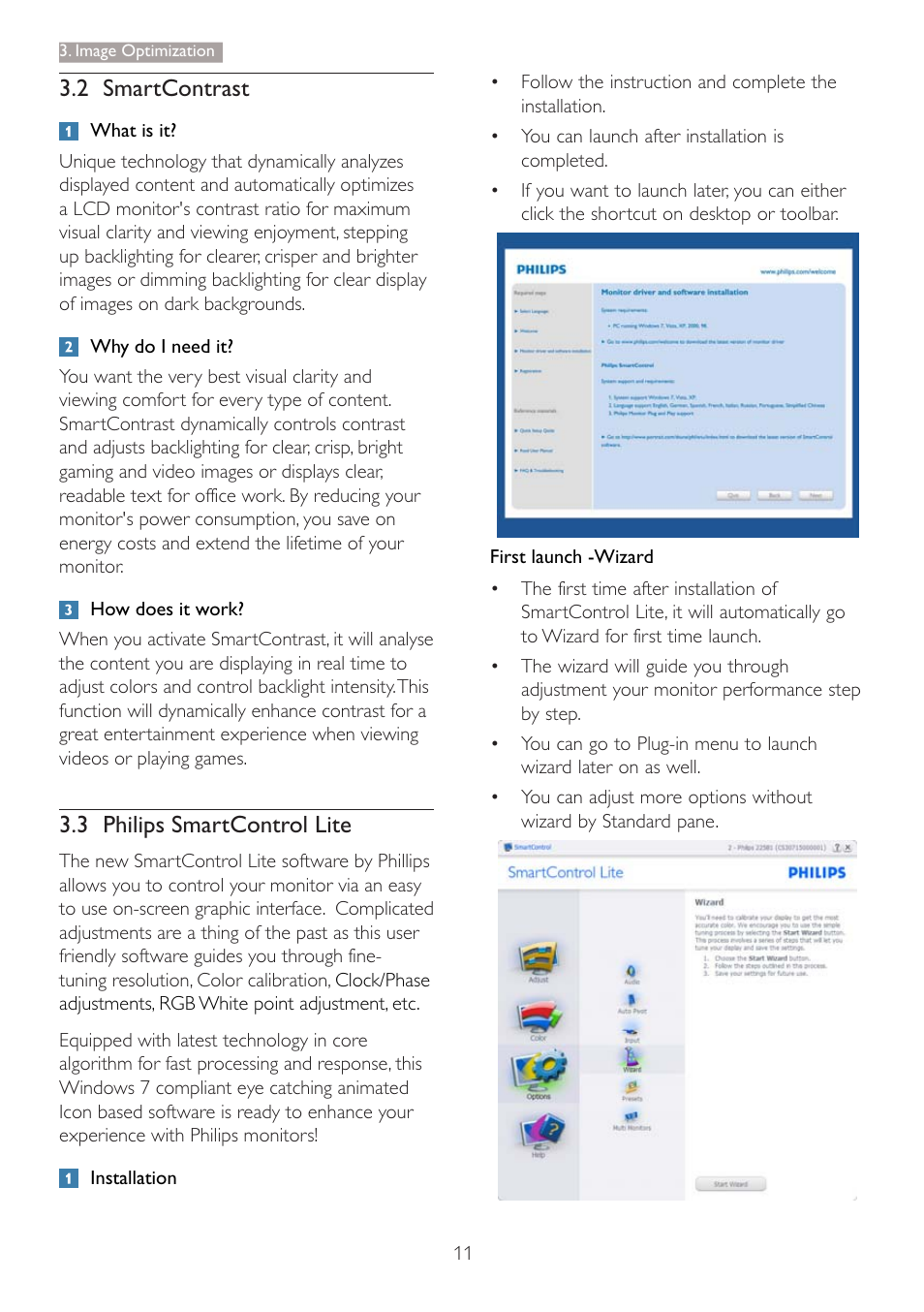 2 smartcontrast, 3 philips smartcontrol lite | Philips 227E3LSU-27 User Manual | Page 13 / 41