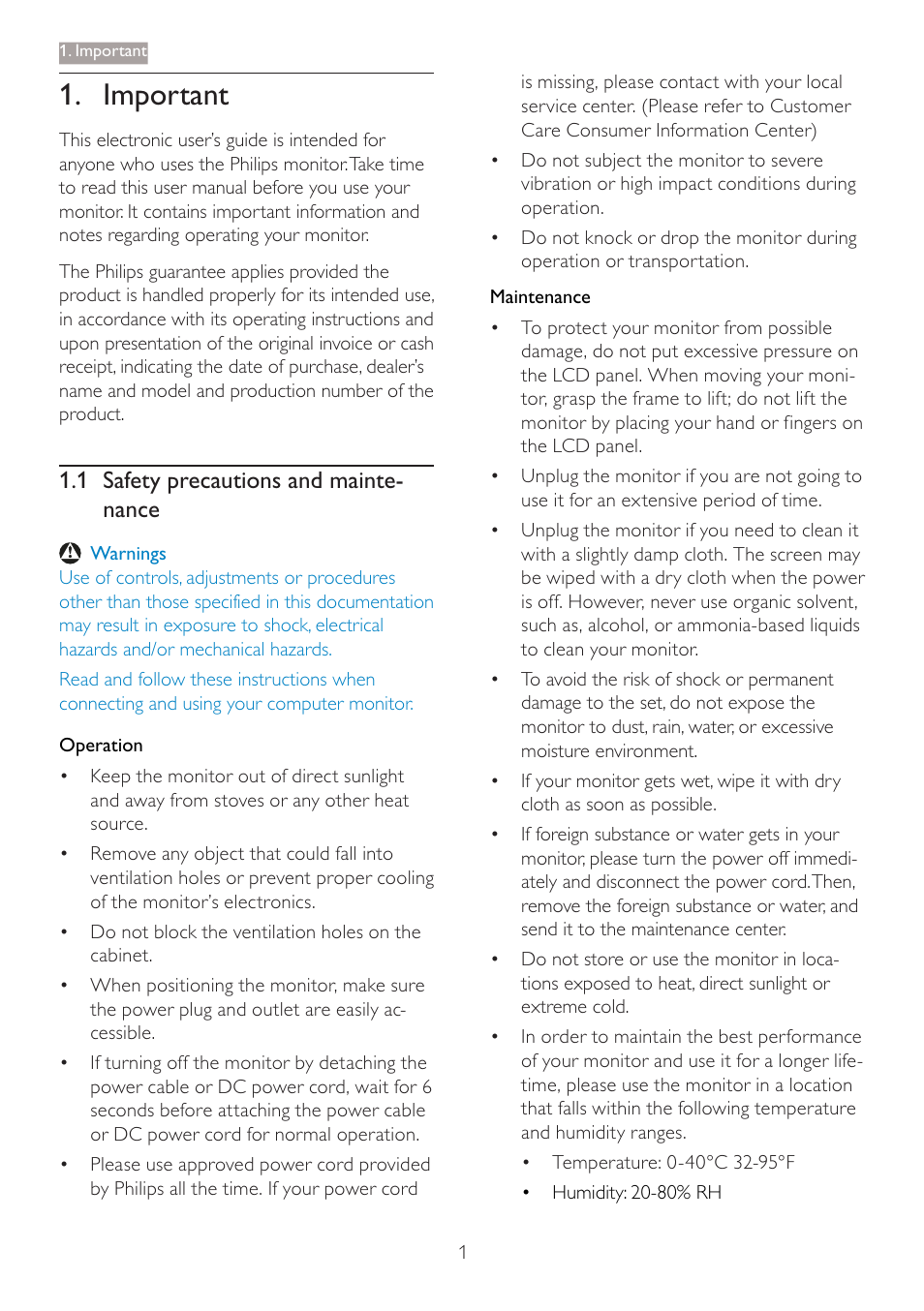 Important, 1 safety precautions and mainte- nance | Philips 227E3LSU-27 User Manual | Page 3 / 41