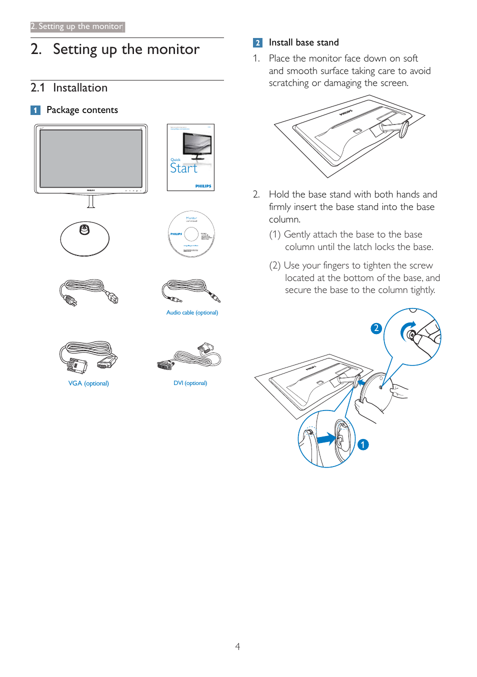 Setting up the monitor, Start, 1 installation | Philips 227E3LSU-27 User Manual | Page 6 / 41