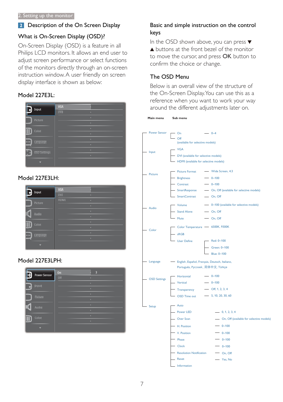 Model 227e3lh, Model 227e3lph, Setting up the monitor | Philips 227E3LSU-27 User Manual | Page 9 / 41