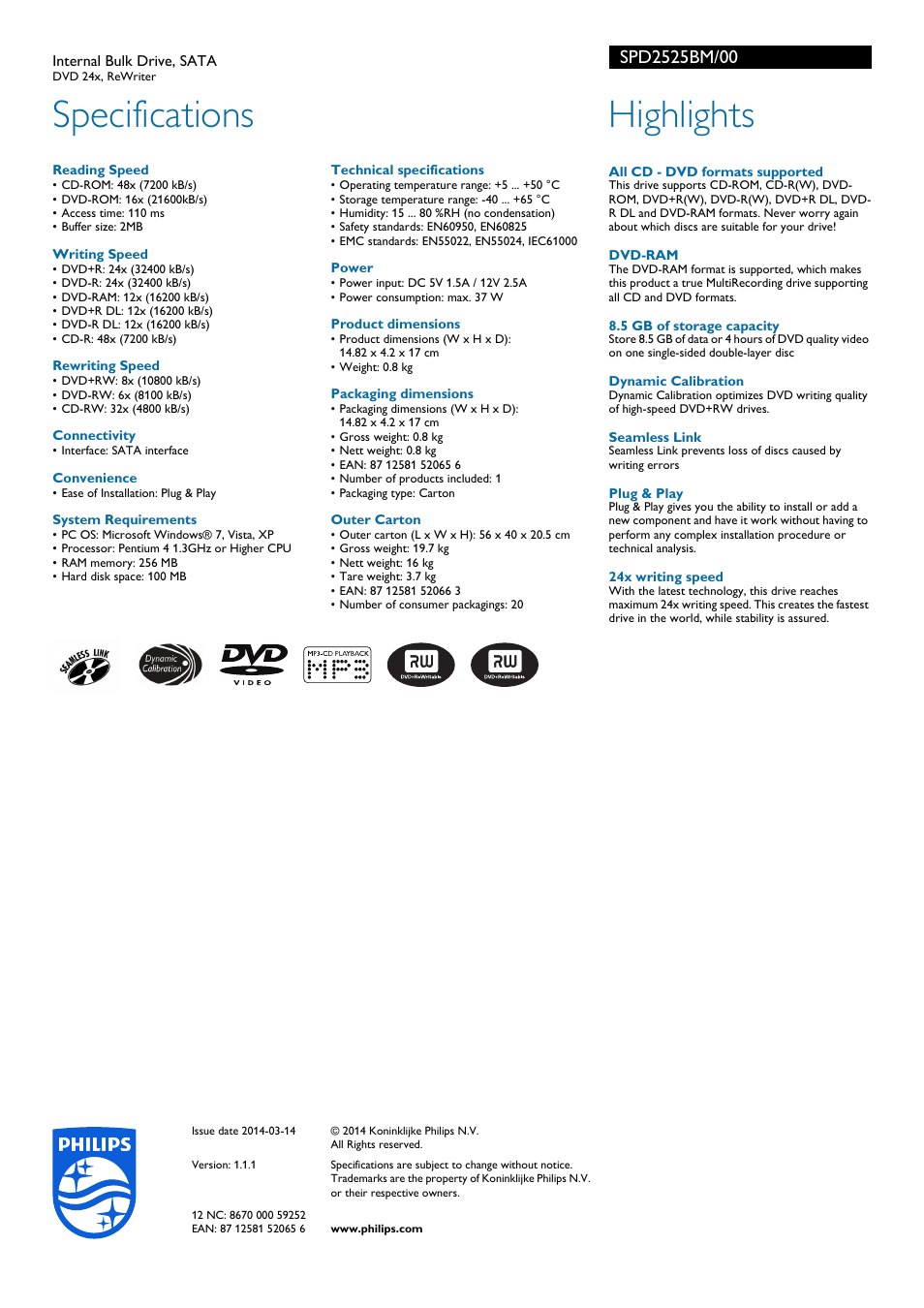 Specifications, Highlights | Philips SPD2525BM-00 User Manual | Page 2 / 2