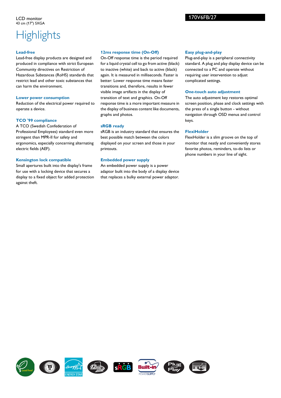 Highlights | Philips 170V6FB-27 User Manual | Page 2 / 3