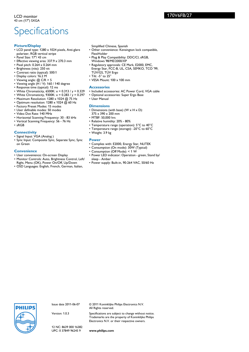 Specifications | Philips 170V6FB-27 User Manual | Page 3 / 3