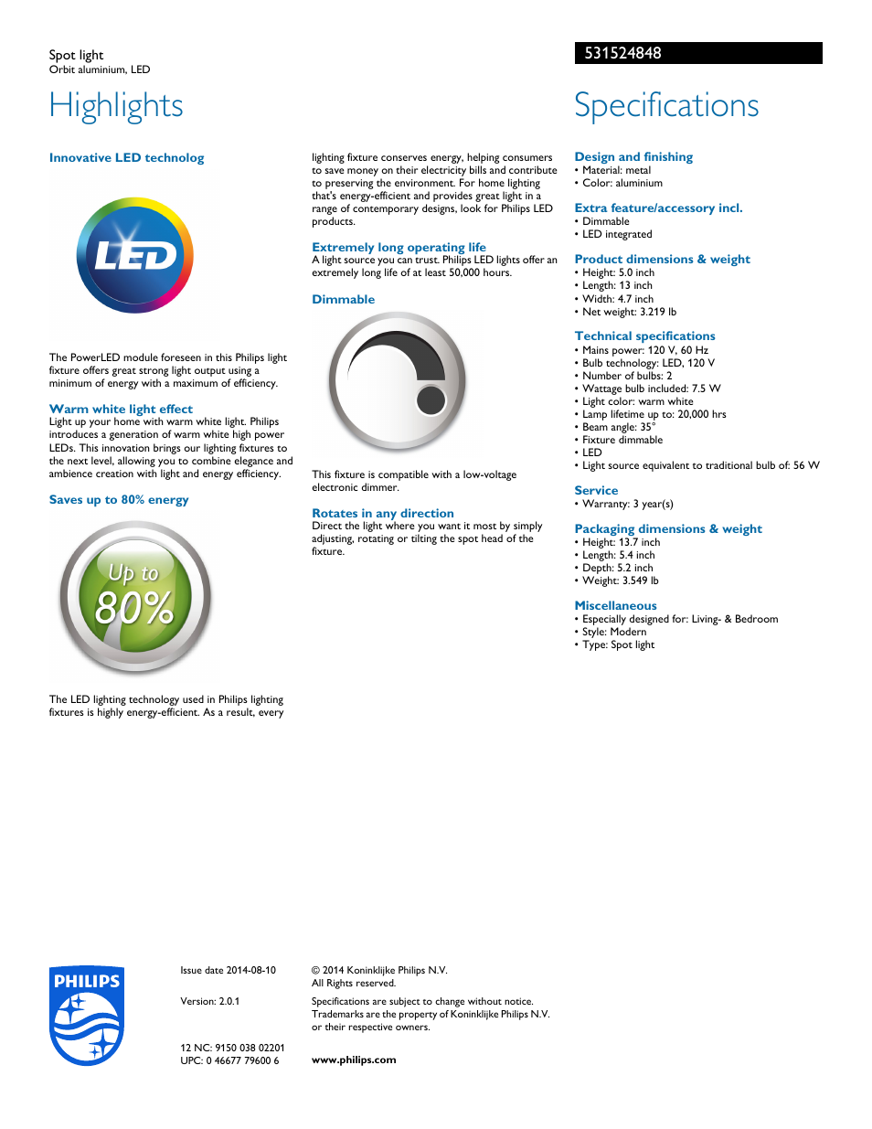 Highlights, Specifications | Philips 531524848 User Manual | Page 2 / 2