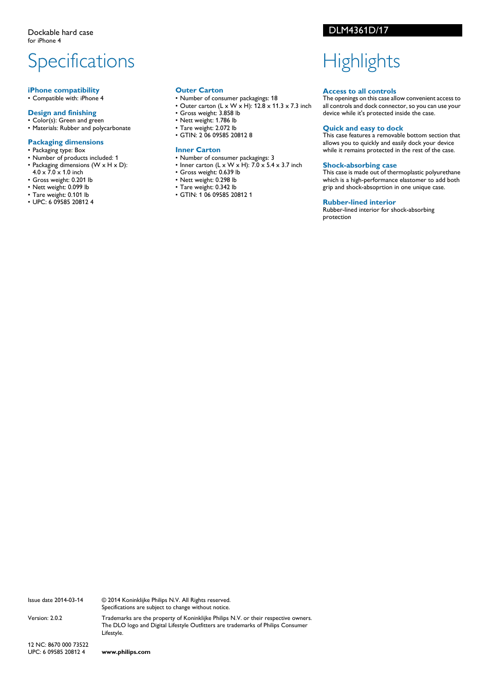 Specifications, Highlights | Philips DLM4361D-17 User Manual | Page 2 / 2