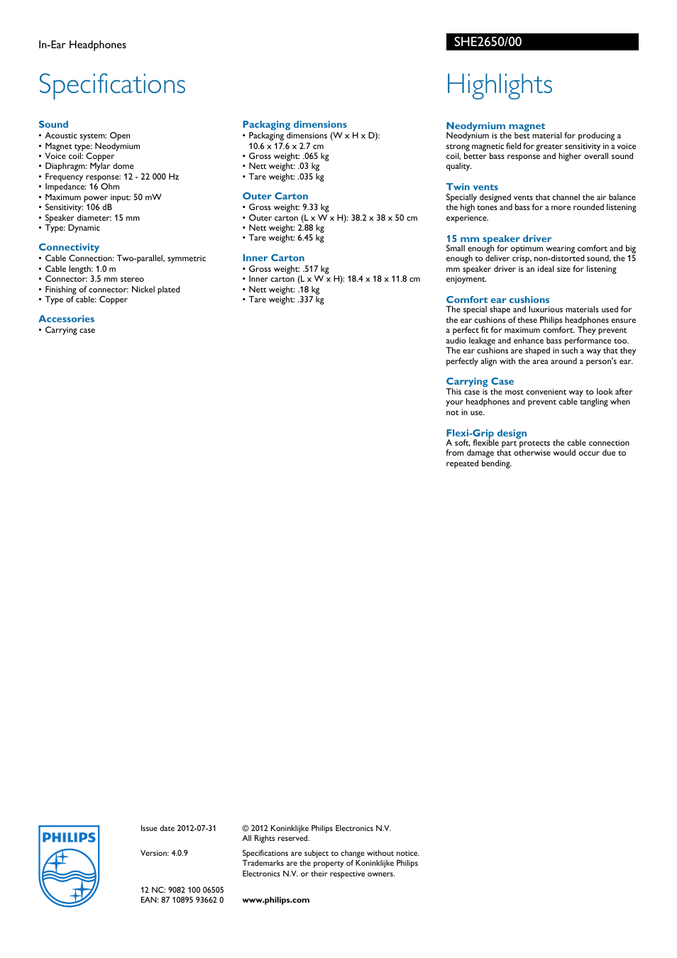 Specifications, Highlights | Philips SHE2650-00 User Manual | Page 2 / 2