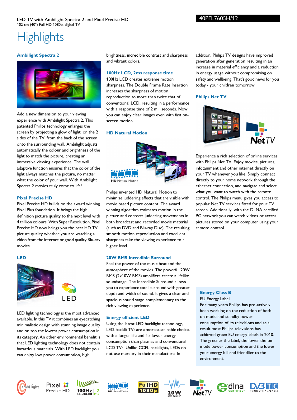 Highlights | Philips 40PFL7605H-12 User Manual | Page 2 / 3