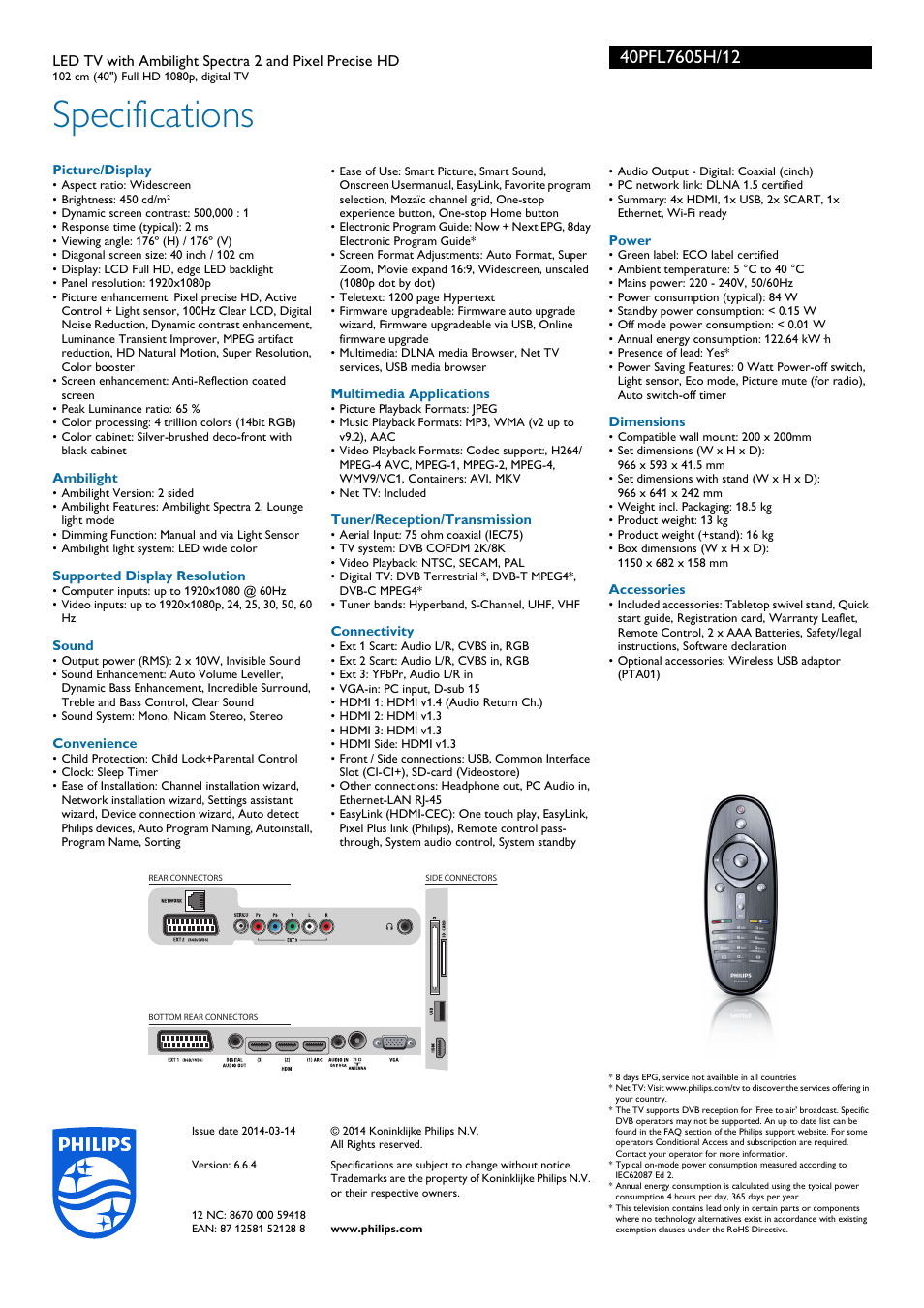 Specifications | Philips 40PFL7605H-12 User Manual | Page 3 / 3