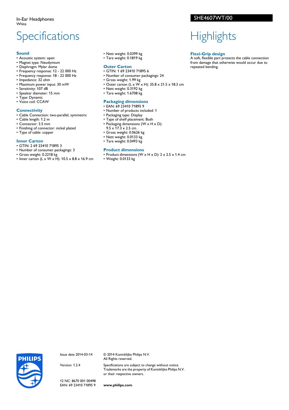 Specifications, Highlights | Philips SHE4607WT-00 User Manual | Page 2 / 2