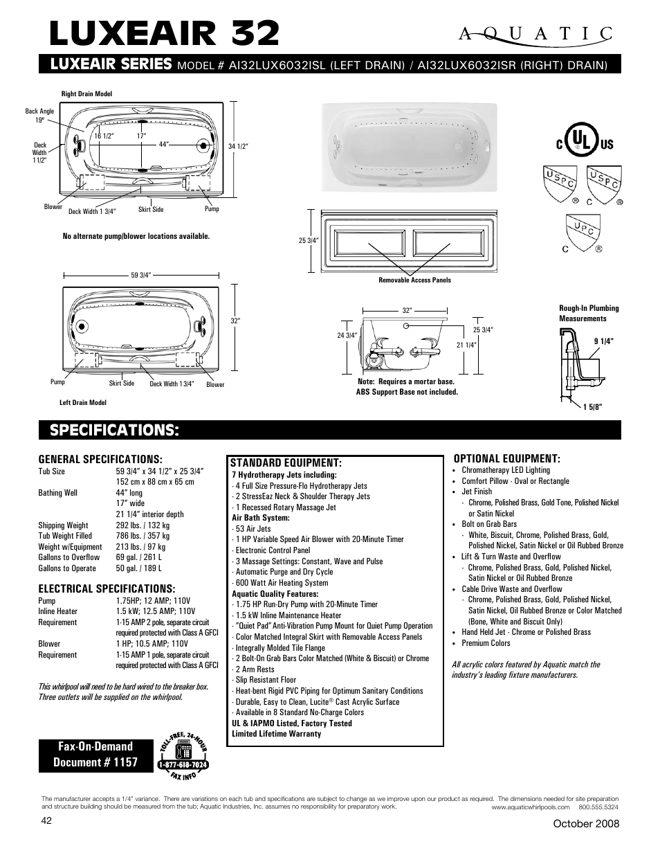 Aquatic AI32LUX6032ISL User Manual | 1 page