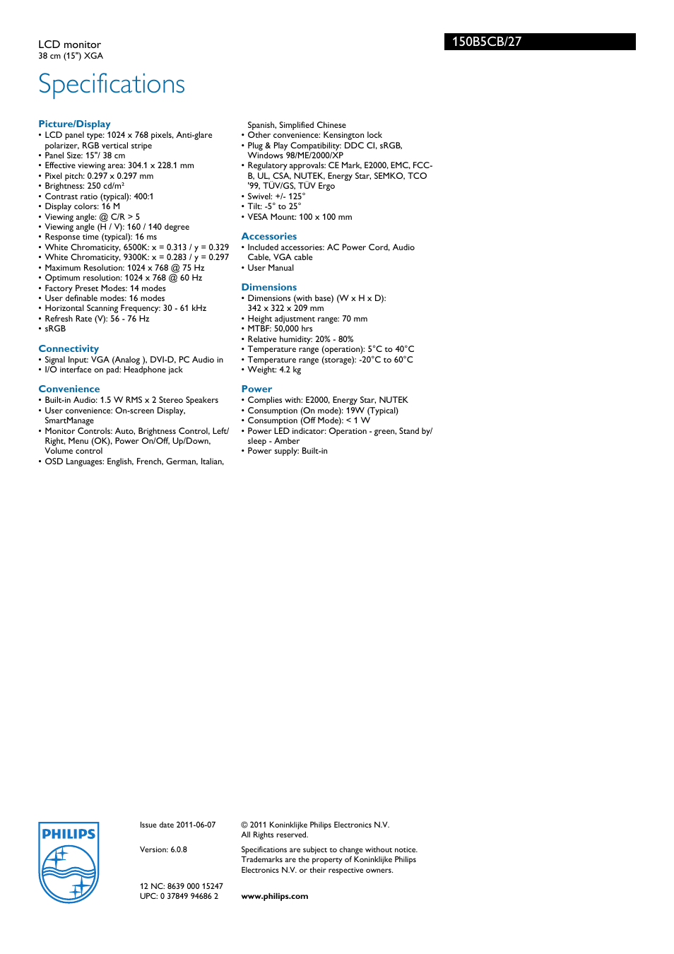 Specifications | Philips 150B5CB-27 User Manual | Page 3 / 3