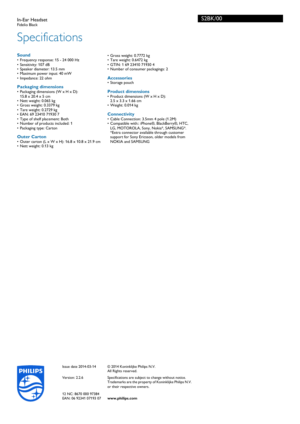 Specifications, S2bk/00 | Philips S2BK-00 User Manual | Page 3 / 3