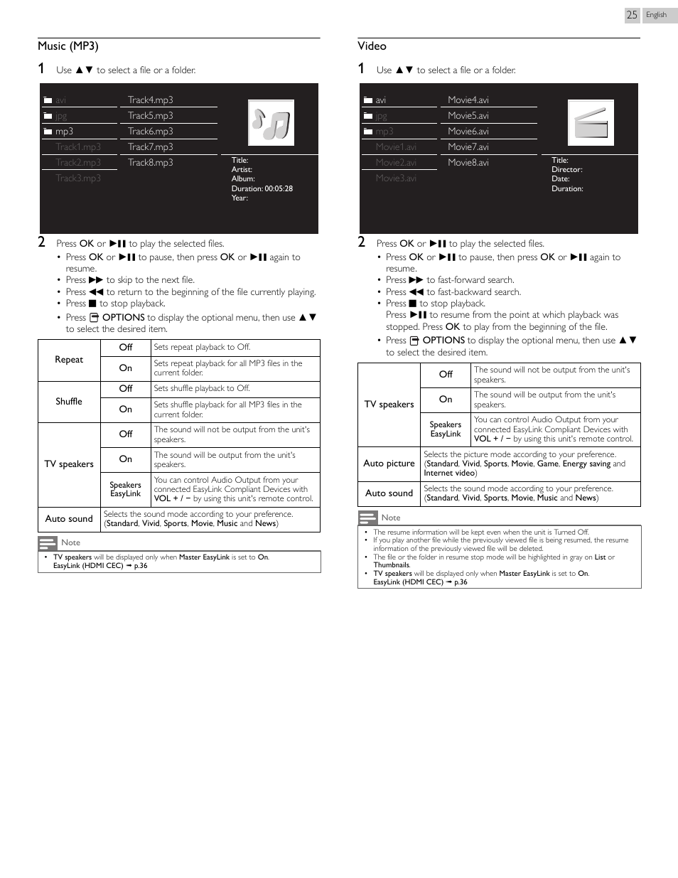 Music (mp3), Video | Philips 2000 series LED-LCD TV 39PFL2908 39" class-po User Manual | Page 25 / 56