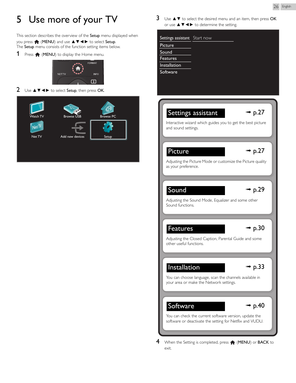 5 use more of your tv, Use more of your tv, P.27 | P.29, P.30, P.33, P.40 | Philips 2000 series LED-LCD TV 39PFL2908 39" class-po User Manual | Page 26 / 56