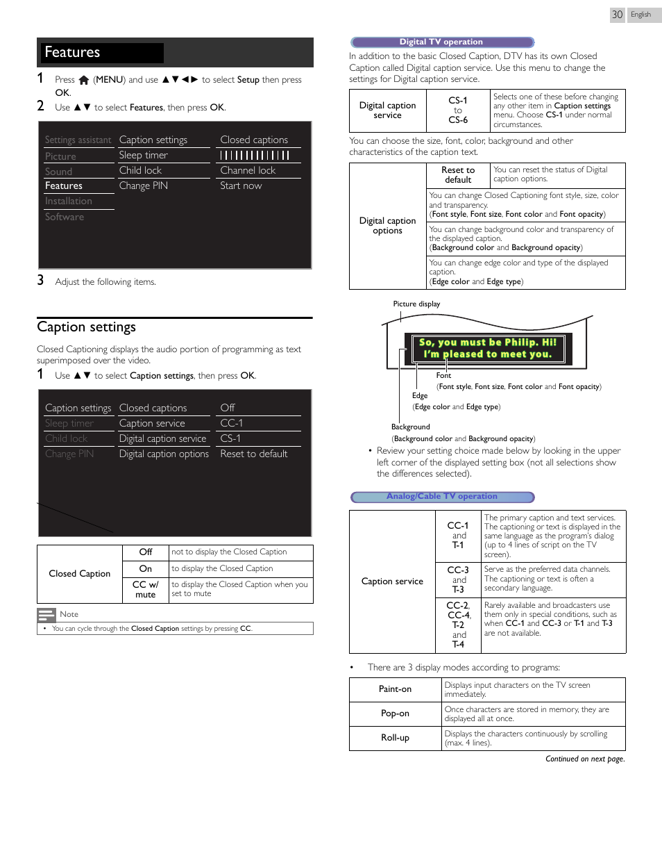 Features, Caption settings, P.30 | Philips 2000 series LED-LCD TV 39PFL2908 39" class-po User Manual | Page 30 / 56