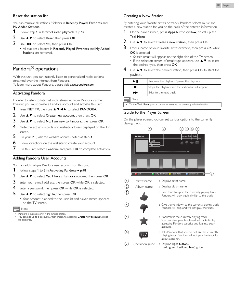 Pandora® operations, Pandora, Operations | Philips 2000 series LED-LCD TV 39PFL2908 39" class-po User Manual | Page 48 / 56