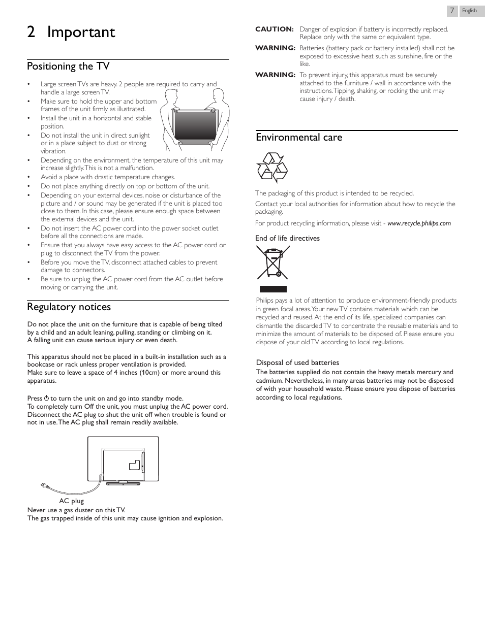 2 important, Positioning the tv, Regulatory notices | Environmental care, Important | Philips 2000 series LED-LCD TV 39PFL2908 39" class-po User Manual | Page 7 / 56