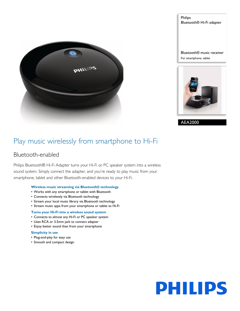 Philips Bluetooth® Hi-Fi adapter AEA2000 Bluetooth® music receiver For smartphone tablet User Manual | 3 pages