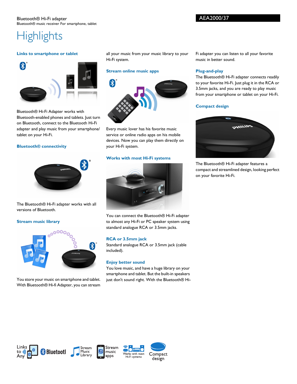 Highlights | Philips Bluetooth® Hi-Fi adapter AEA2000 Bluetooth® music receiver For smartphone tablet User Manual | Page 2 / 3