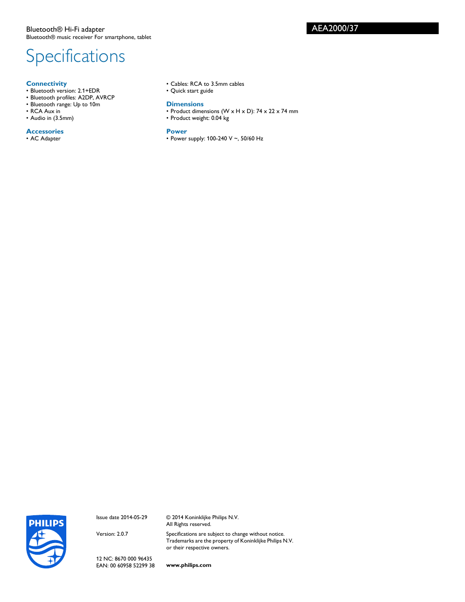 Specifications | Philips Bluetooth® Hi-Fi adapter AEA2000 Bluetooth® music receiver For smartphone tablet User Manual | Page 3 / 3