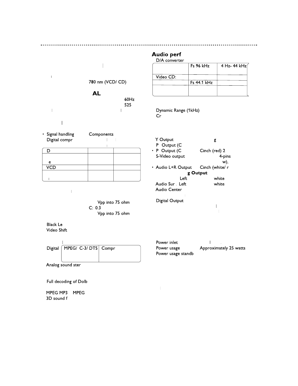 Specifications 57, Optical read-out system, Tv standard p ntsc | Video format ff, Video performance ff, Audio format ff, Ormance (typical), Connection, Power supply, Cabinet | Philips DVDQ50AT99 User Manual | Page 57 / 60