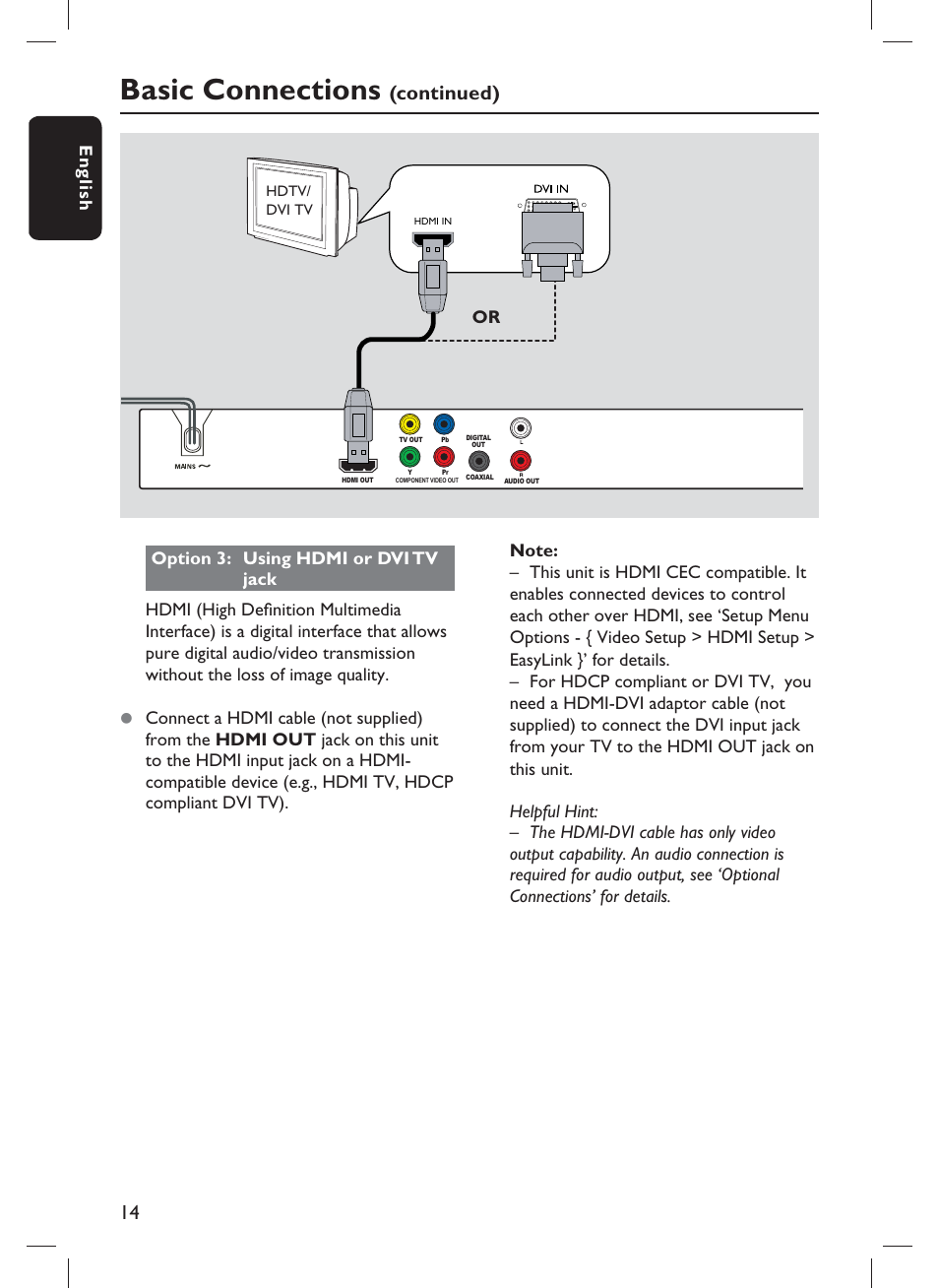 Basic connections, Continued), Eng li sh | Philips DVP3980-F7 User Manual | Page 14 / 53