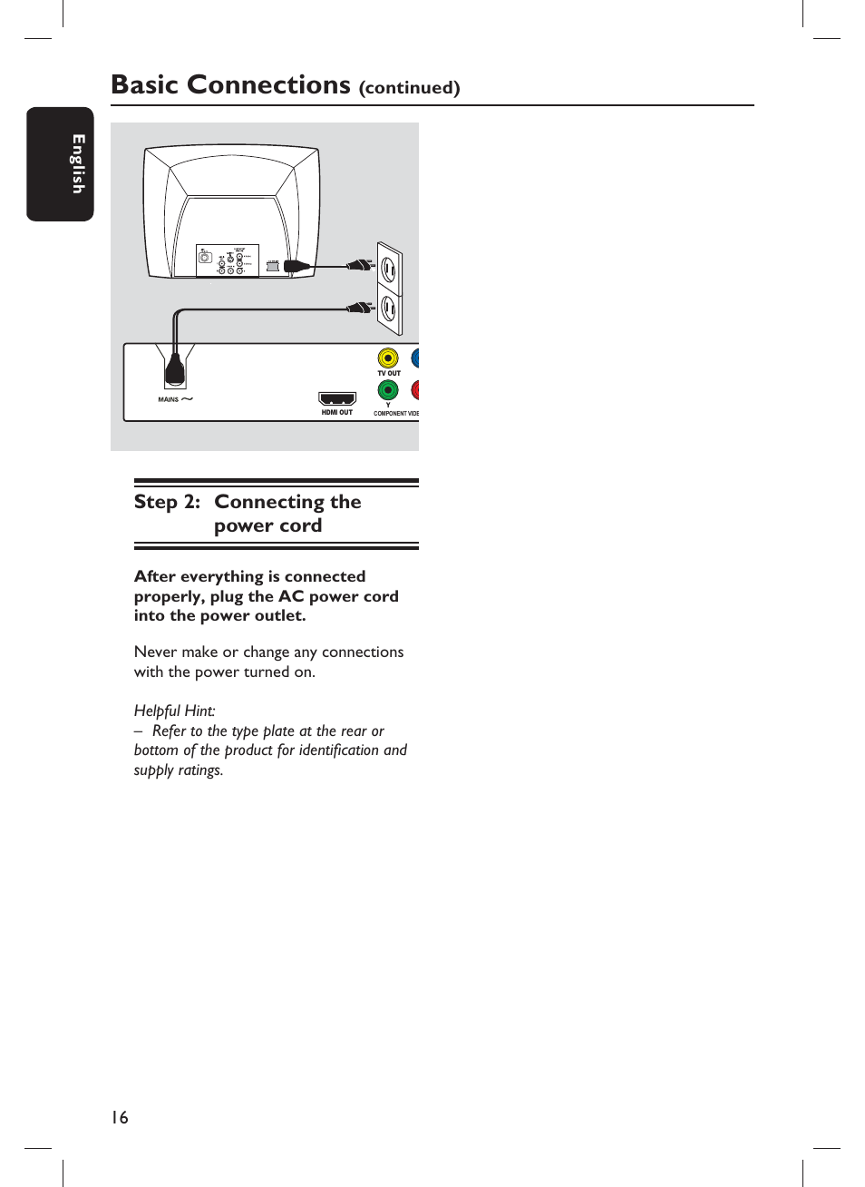 Basic connections, Step 2: connecting the power cord, Continued) | Philips DVP3980-F7 User Manual | Page 16 / 53